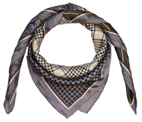 Foulard Shawl Silk Satin Abstract Paisley 110X110 Black Grey